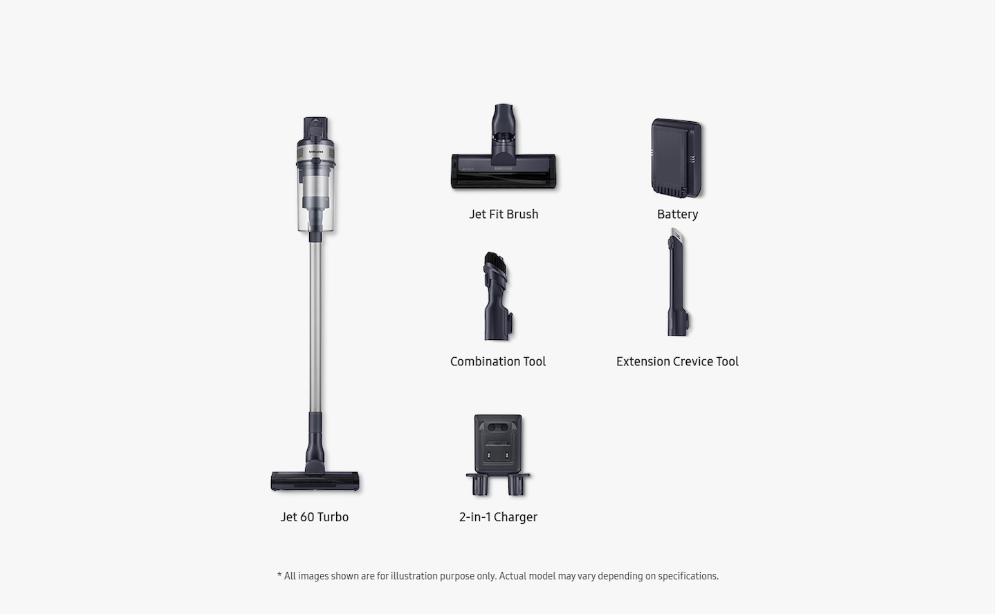 Items included inbox shown: Jet 60 Turbo, jet fit brush, battery, combination tool, extension crevice tool and 2-in-1 charger.All images shown are for illustration purpose only. Actual model may vary depending on specifications.
