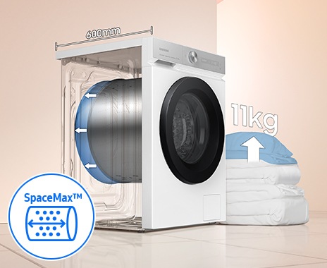 The depth of the washer drum is increased to 600mm, so it can hold up to 11kg of laundry, even a large duvet.