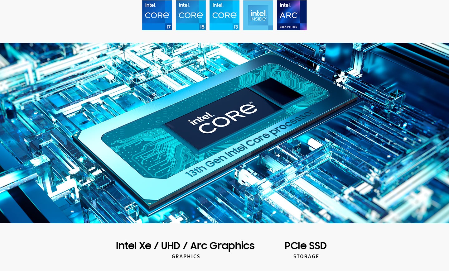 Den 13: e generationen Intel® Core ™ -processor är på moderkortet med Intel® Core ™ -texten i mitten. Intel XE / UHD / ARC -grafik. PCIe SSD -lagring. Intel Core i7 -logotyper, Intel Core i5, Intel Core i3, Intel inuti och Intel Arc -grafik visas