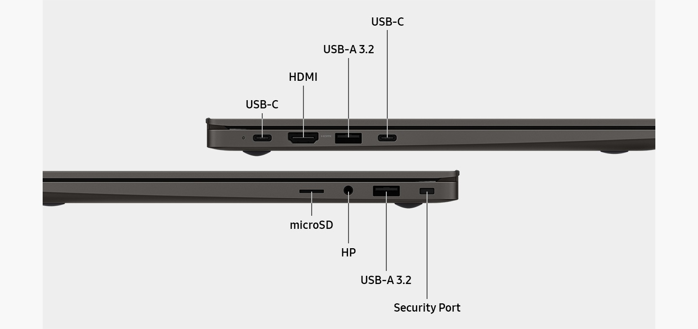 Dois Galaxy Book3 são apresentados um acima do outro e mostram sua fatia lateral esquerda e direita para destacar o layout das portas. As portas são rotuladas