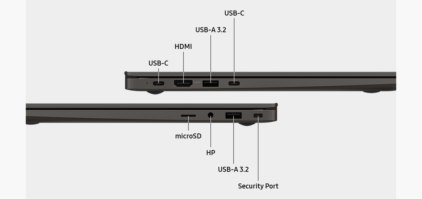 Zwei Galaxy Book3 werden übereinander präsentiert und zeigen ihre linke und rechte Seite, um das Layout der Ports hervorzuheben. Die Ports sind beschriftet