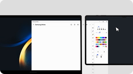 Um livro do Galaxy3 e um Ultra Galaxy Tab S8 são colocados lado a lado com uma janela Samsung Notes abertos à tela e estendidos do PC para a tela do tablet