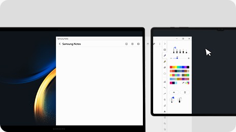 Bir Galaxy Book3 ve bir Galaxy Tab S8 Ultra, ekrana açık ve PC'den tablet ekranına uzatılmış bir Samsung Notlar penceresi ile yan yana yerleştirilir