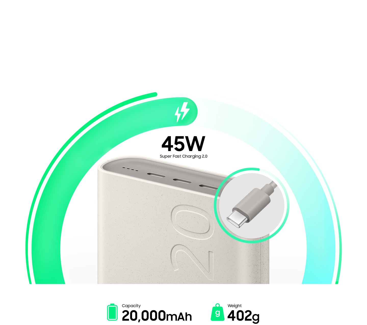 Gros plan sur le bord supérieur d'une batterie portable gris clair. Le texte au-dessus de la batterie indique " 45W Super Fast Charging 2.0 ", indiquant la capacité de charge rapide de l'appareil. Vue rapprochée d'un connecteur de câble USB-C gris, qui met en évidence son design élégant.