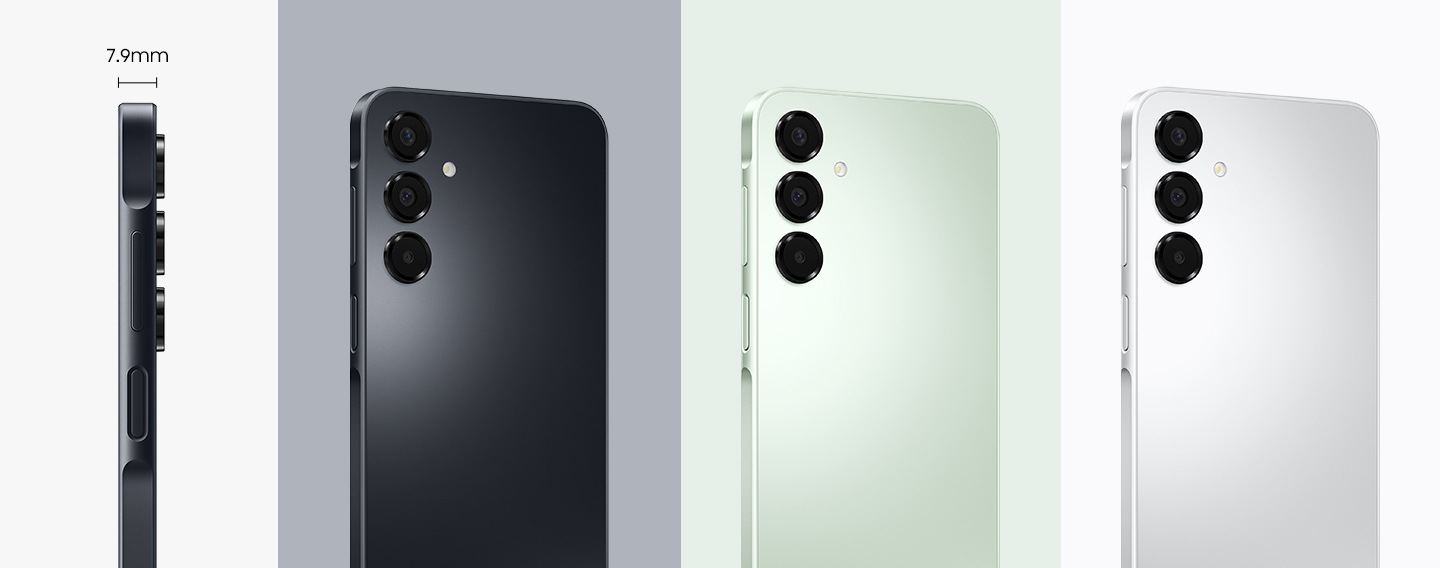 Vue latérale d'un appareil Galaxy A16 en noir, mettant en évidence son profil mince de 7,9 millimètres d'épaisseur. Vue arrière de trois appareils Galaxy A16 en noir, vert clair et gris, montrant leurs appareils photo.