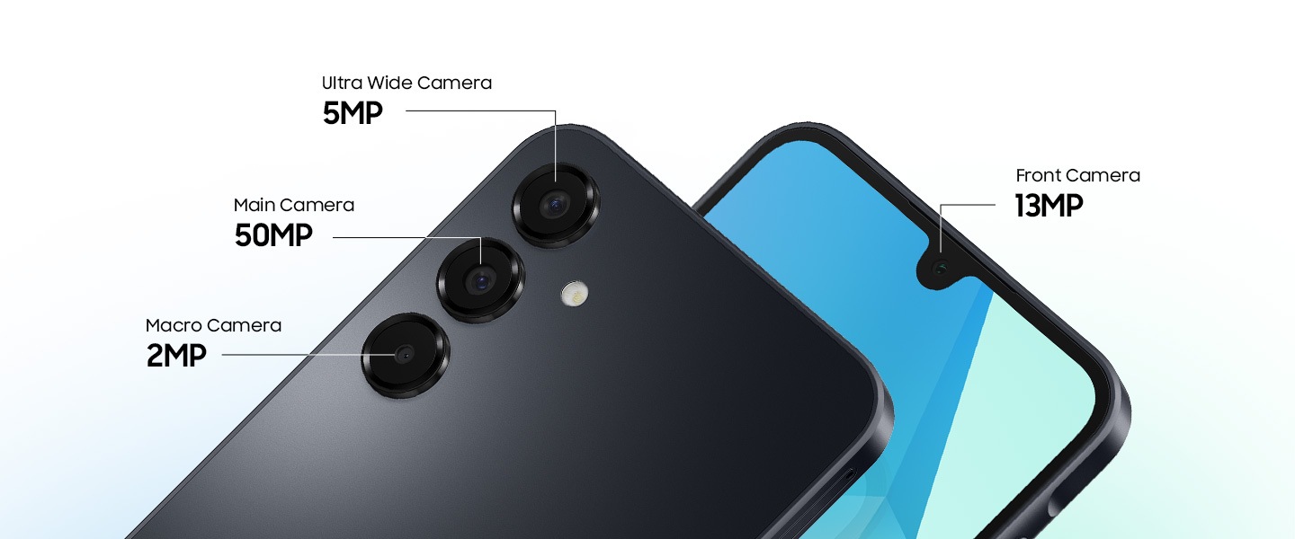 Deux appareils Galaxy A16. L'un, vu de l'arrière, présente l'appareil photo ultra-large de 5 mégapixels, l'appareil photo principal de 50 mégapixels et l'appareil photo macro de 2 mégapixels. L'autre, vu de l'avant, met en évidence l'appareil photo frontal de 13 mégapixels.
