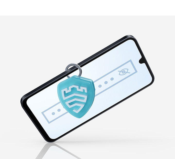 Un appareil Galaxy A16 affiche un mot de passe caché à l'écran tandis qu'un porte-clés portant le symbole Samsung Knox Vault est verrouillé sur l'un des côtés de l'appareil.