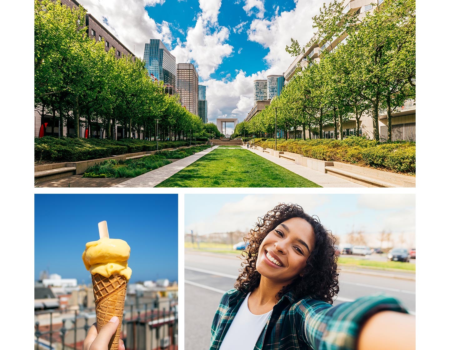 Un parc urbain pittoresque s'étend en haut, avec une main tenant une glace en bas à gauche et une jeune femme souriant en prenant un selfie en bas à droite.
