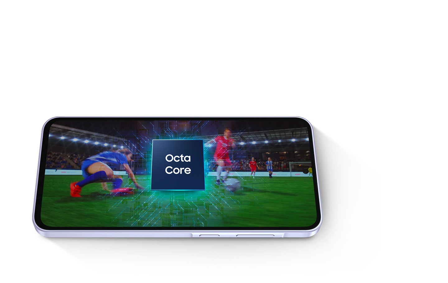 Un Galaxy A36 5G placé horizontalement. Un match de football à l'écran. Au-dessus se trouve le processeur Octa Core.