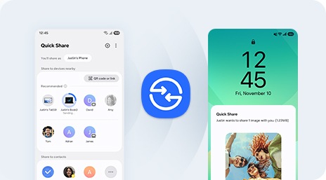 L'écran du téléphone de gauche présente la liste des fichiers et des contacts disponibles pour le partage, alors que le téléphone de droite affiche une notification signalant un transfert 'Quick Share' entrant avec un aperçu des images partagées, l'icône Quick Share se situant au centre.
