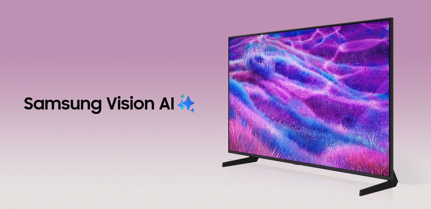 Les mots Samsung Vision AI sont accompagnés du logo Samsung AI. À proximité, une télévision s’allume pour afficher un paysage coloré.