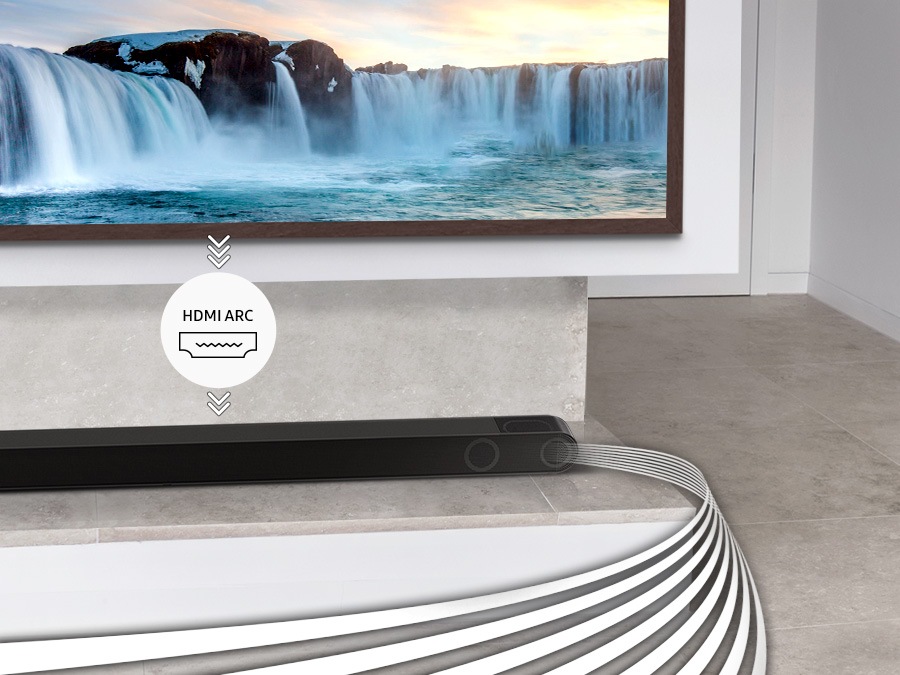 Sound Wave Graphics Soundbar'ı terk eden ses gösteriyor. TV ve ses çubuğu arasındaki HDMI ark infografik, ses çubuğundan HDMI ile TV'ye bağlı cihaz aracılığıyla çalındığını gösterir