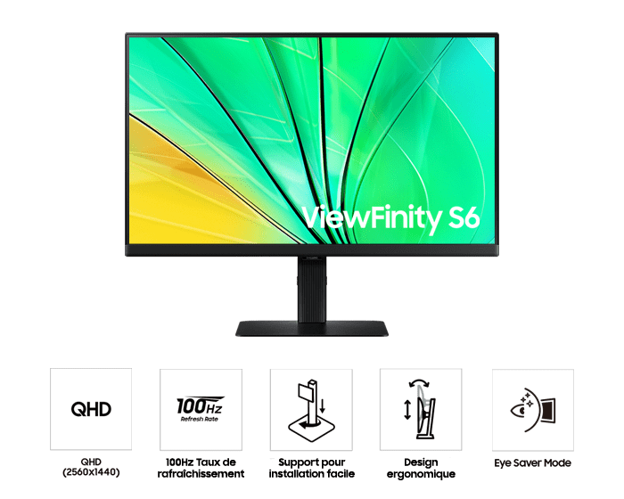 Front of 24inch Samsung ViewFinity S60D with green wave on screen, and five icons for features about QHD, 100hz refresh rate, easy setup stand, ergonomic design, and eye saver mode.