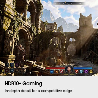 HDR10+ Gaming. Une analyse approfondie pour un avantage concurrentiel. Un environnement de jeu rustique avec des zones sombres est montré d'un point de vue à la première personne. Les informations sur le personnage et la liste des quêtes sont présentées au bas de l’écran.