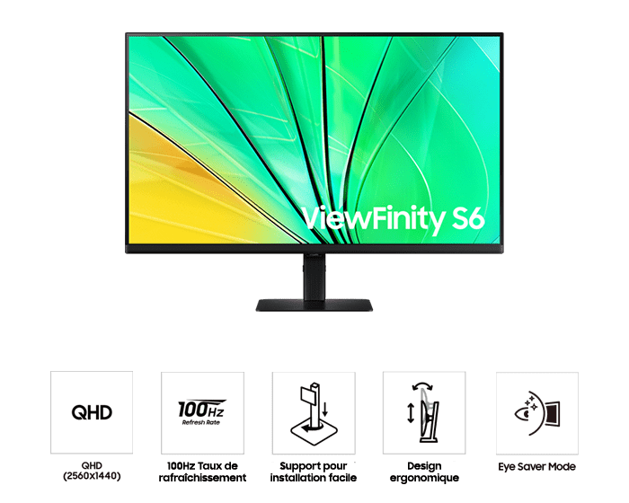 Front of 32inch Samsung ViewFinity S60D with green wave on screen, and five icons for features about QHD, 100hz refresh rate, easy setup stand, ergonomic design, and eye saver mode.