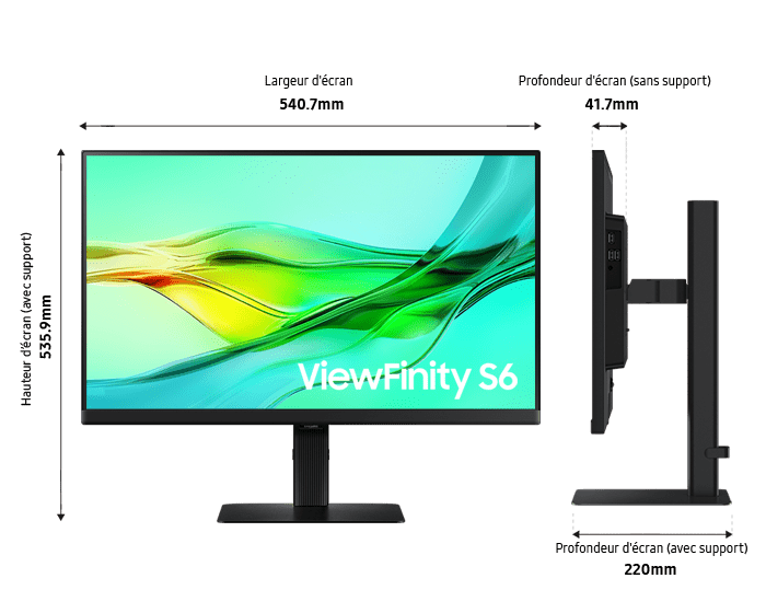 Dimension of 24 inch Samsung ViewFinity S60UD (540.7 x 535.9 x 220 mm) with black stand, and screen depth of 41.7mm without stand.