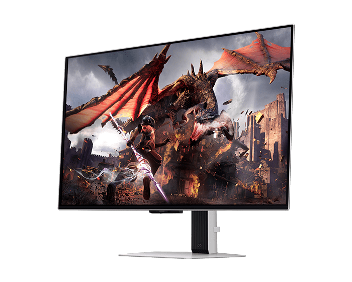 Front-right perspective of Samsung Odyssey OLED G8 G80SD with dragon and warrior on screen.