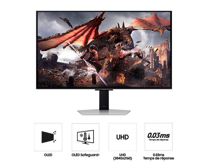 Front of  Samsung Odyssey OLED G8 G80SD with dragon and warrior on screen, and five icons for features about OLED, OLED safeguard+, UHD , 0.03ms response time, and gaming hub.