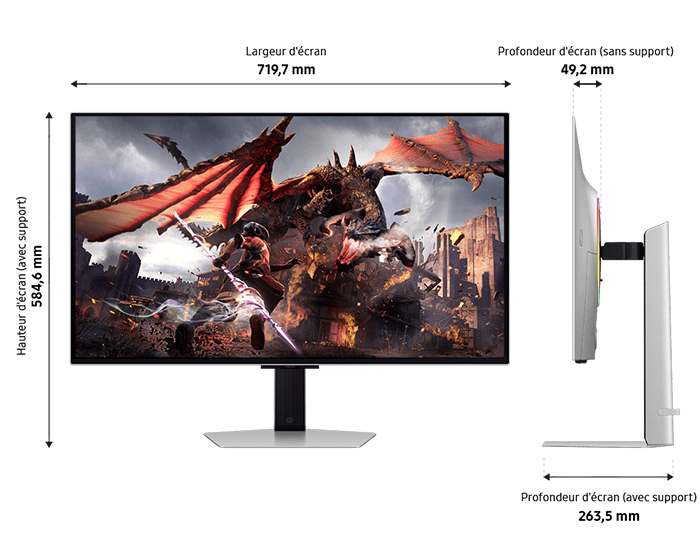 Dimension of Samsung Odyssey OLED G8 G80SD (719.7 x 584.6 x 263.5 mm) with metalic stand, and  screen depth of 49.2mm without stand.