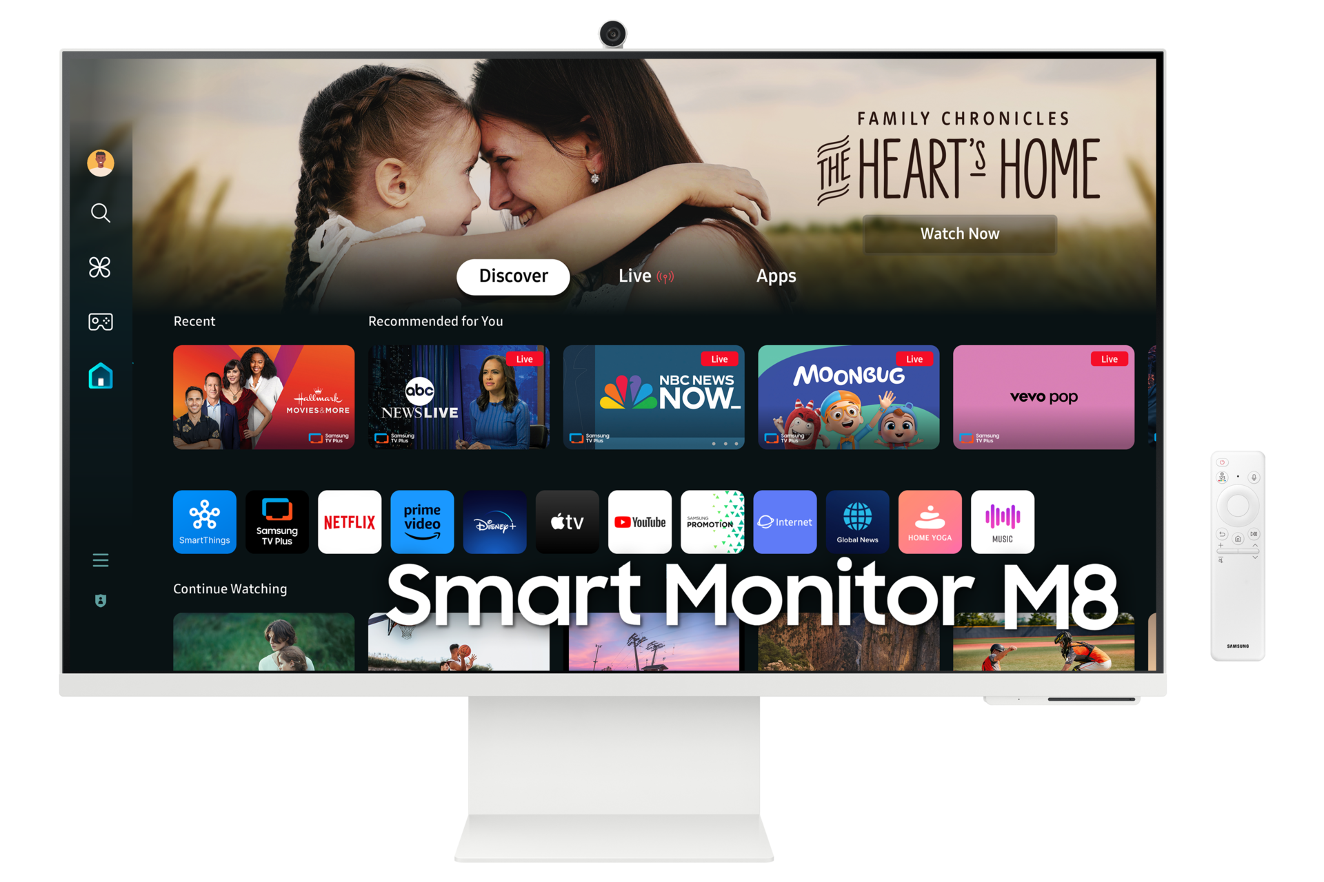 Front of Samsung Smart Monitor M80D with Smart TV Apps on screen, with Slimfit camera, and remote control.