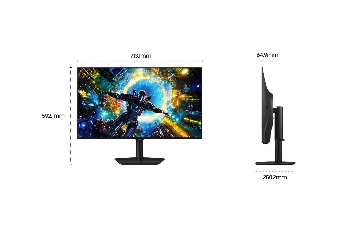 Dimensions du Samsung Odyssey OLED G7 (713,1 x 592,1 x 250,2 mm) avec un pied et une profondeur d'écran de 64,9 mm sans pied.