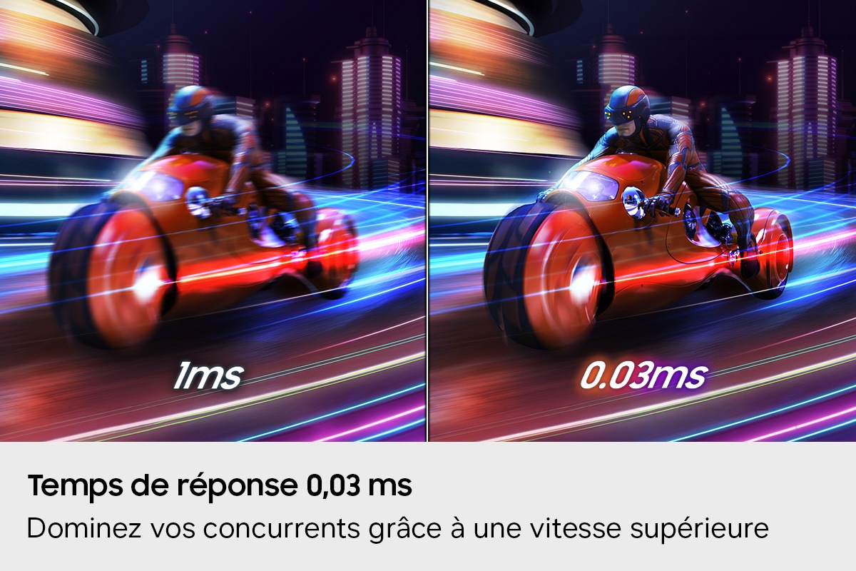 Temps de réponse 0,03 ms. Dominez vos concurrents grâce à une vitesse supérieure. Une moto lancée à pleine vitesse peut être vue clairement et sans décalage en 0,03 ms contre 1 ms.