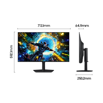 Dimensions du Samsung Odyssey OLED G7 (713,1 x 592,1 x 250,2 mm) avec un pied et une profondeur d'écran de 64,9 mm sans pied.