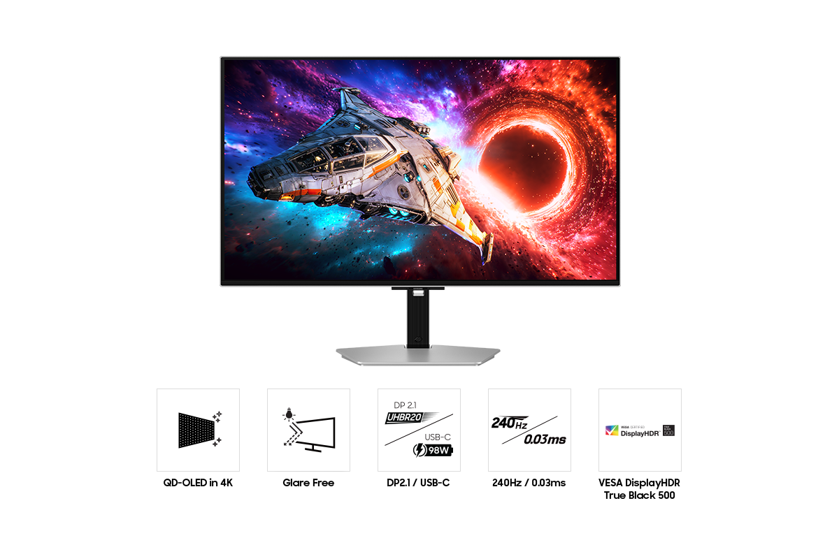 Avant du Samsung Odyssey OLED G8 de 27 pouces. Cinq icônes pour les caractéristiques concernant le QD-OLED en 4K, l'absence de reflets, DP2.1/USB-C, le taux de rafraîchissement de 240 Hz et le temps de réponse de 0,03 ms, et VESA DisplayHDR True Black 400.