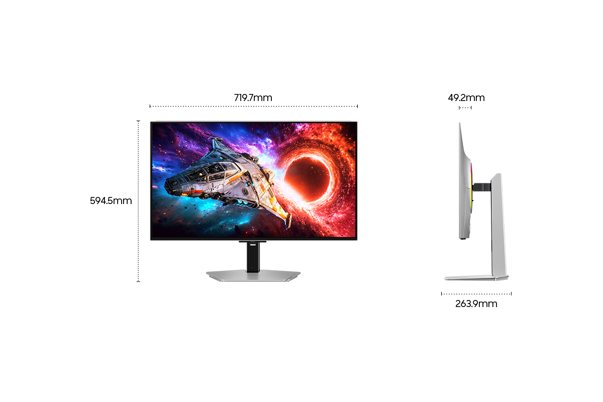 Dimensions du Samsung Odyssey OLED G8 de 27 pouces (611,7 x 563,6 x 263,9 mm) avec un pied et une profondeur d'écran de 49,2 mm sans pied.