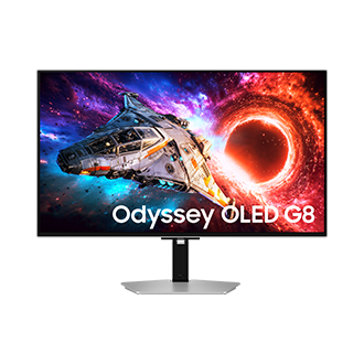 Avant du Samsung Odyssey OLED G8 de 27 pouces. L'écran affiche un vaisseau spatial qui sort du portail.