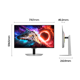 Dimensions du Samsung Odyssey OLED G8 de 27 pouces (611,7 x 563,6 x 263,9 mm) avec un pied et une profondeur d'écran de 49,2 mm sans pied.
