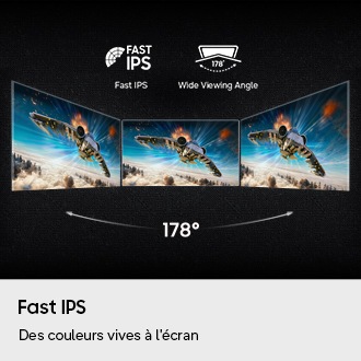 Fast IPS. Des couleurs vives à l'écran. Logo Fast IPS et logo d'un angle de vision large de 178 degrés. Trois moniteurs affichent la même scène de combat aérien sous des angles différents.