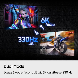 Dual Mode. Jouez à votre façon avec des détails en 6K ou une vitesse de 330 Hz. Deux écrans présentent des jeux différents. Un jeu est affiché à 6K et 165Hz, et l'autre à 3K et 330Hz.