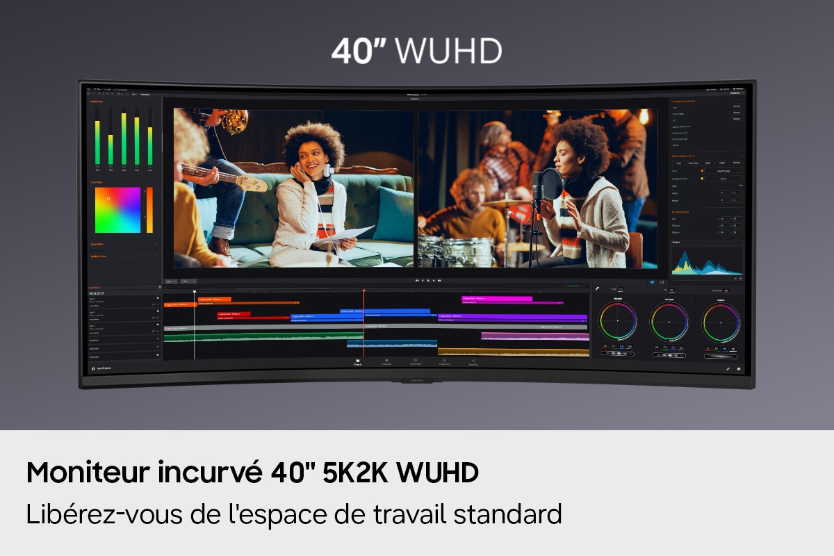 Moniteur incurvé 40" 5K2K WUHD. Libérez-vous de l'espace de travail standard. L'affichage montre un écran WUHD de 40 pouces avec une application de montage vidéo ouverte, présentant deux vidéos côte à côte.