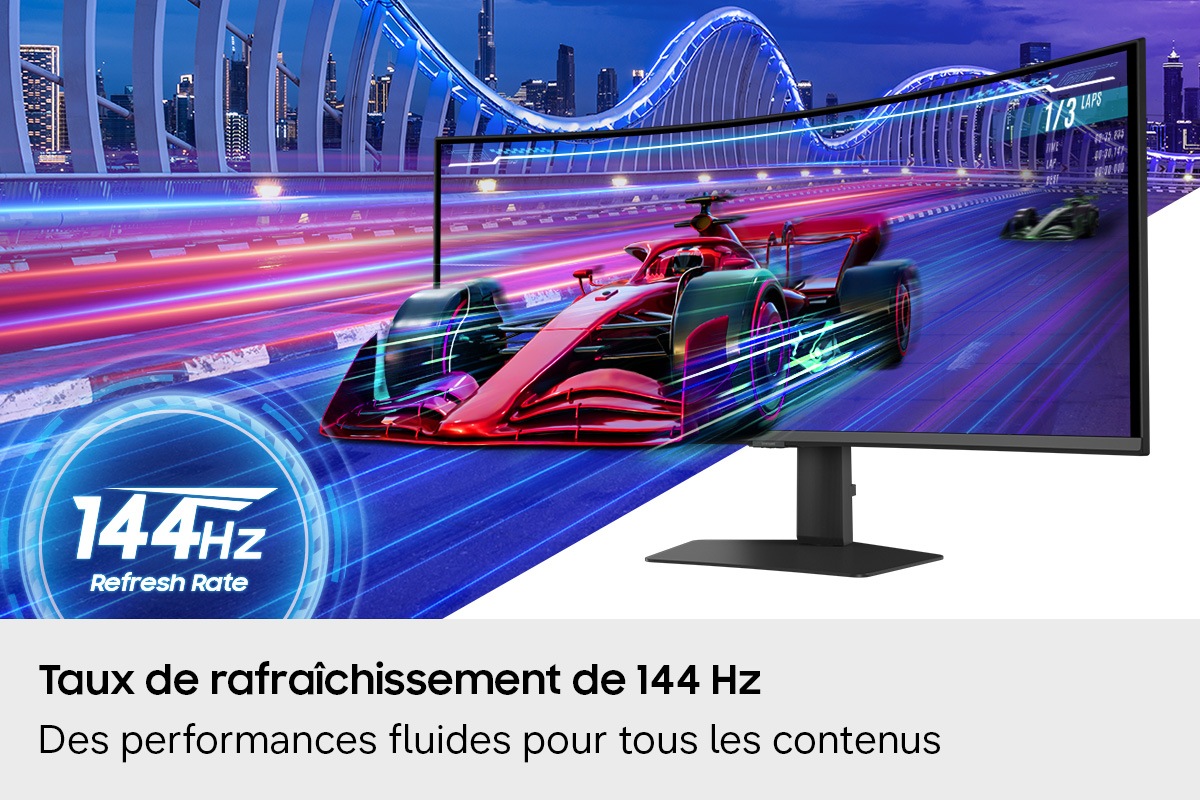 Taux de rafraîchissement de 144 Hz. Des performances fluides pour tous les contenus. Une voiture de course surgit de l’écran à toute vitesse. Taux de rafraîchissement de 144 Hz.