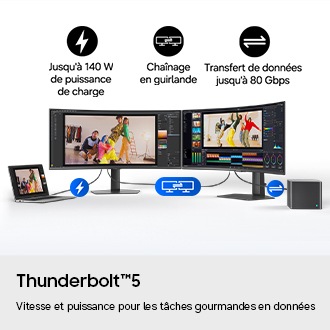 Thunderbolt™5. Vitesse et puissance pour les tâches gourmandes en données. Deux moniteurs sont reliés en série. L'un des moniteurs est connecté à un ordinateur portable et affiche une puissance de charge allant jusqu'à 140 W, tandis que l'autre moniteur est connecté à un PC et affiche une vitesse de transfert de données allant jusqu'à 80 Gbps.