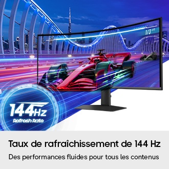 Taux de rafraîchissement de 144 Hz. Des performances fluides pour tous les contenus. Une voiture de course surgit de l’écran à toute vitesse. Taux de rafraîchissement de 144 Hz.