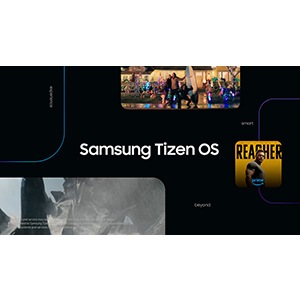 Un écran avec le système d’exploitation Samsung Tizen affiche des options de contenus.