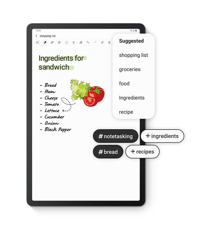 Фронтален кадър на Galaxy Tab S7 FE 5G с отворено приложение Samsung Notes на екрана с рецепта за сандвич. Появяват се предложения за заглавия: списък за пазаруване, хранителни стоки, храни, съставки и рецепти. Появяват се и предложения за хаштагове, освен „водене на бележки“ и „хляб“, в препоръките влизат и продуктите от рецептата.