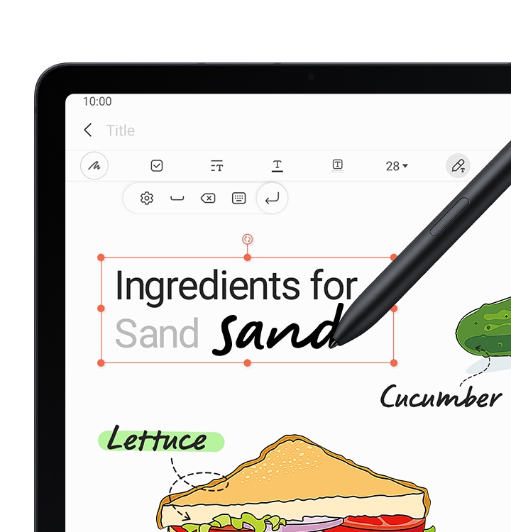 Близък план на екрана на Galaxy Tab S7 FE 5G, на който е отворено приложението Samsung Notes. Вижда се надпис „Съставки за“ и S Pen пише думата „сандвичи“, която се превръща в печатен текст.