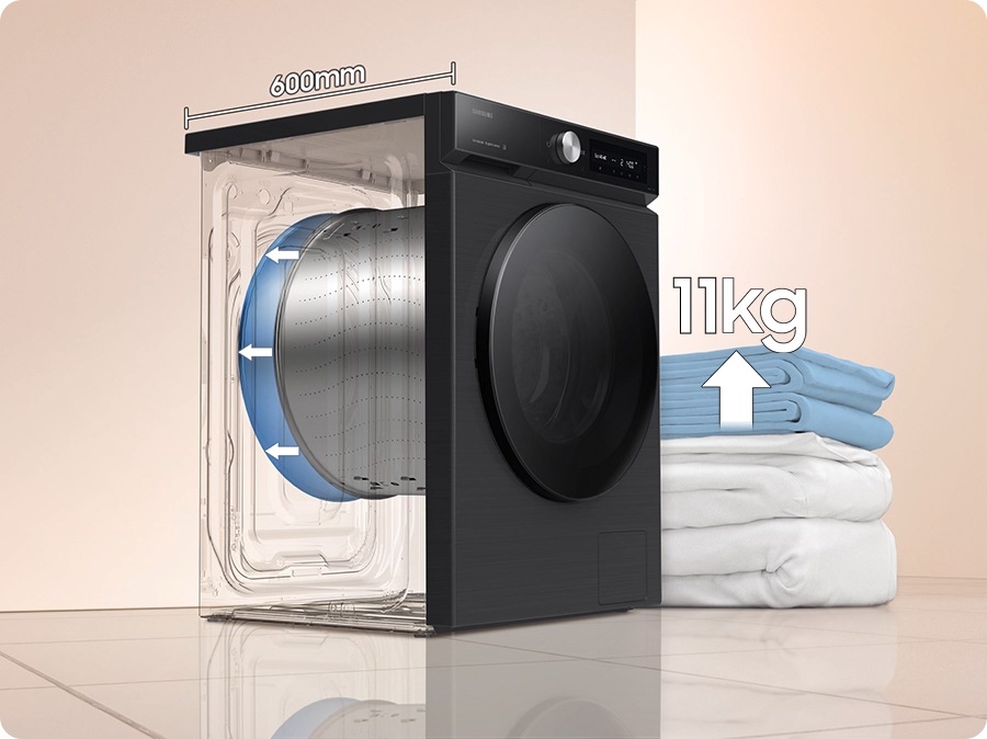 At the bottom left, SpaceMax™ feature is shown in icon. The depth of the washer drum has increased to 600mm, and the capacity has increased from 9kg to 11kg. It can wash even large duvet. Sleek and stylish washer and dryer sets are seamlessly installed in rooms of various modern designs.