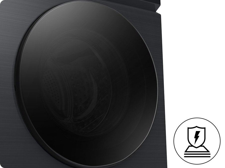 Tempered Glass Door of washing machine with a view of the inside. The Icon shows strong and durability.