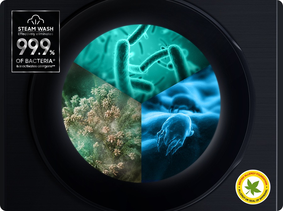 Steam is dispersed inside the washing machine door to remove allergens and bacteria. Steam Wash effectively eliminates 99.9% of bacteria* & inactivates allergens**. Steam wash certified by BRITISH ALLERGY FOUNDATION and ALLERGY UK SEAL OF APPROVAL is shown in right bottom.