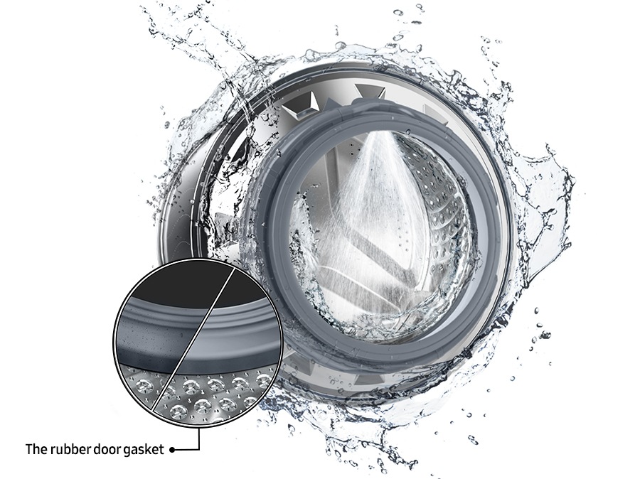 The washer drum is surrounded by clean water and water jets are cleaning the inside. Close-up of the rubber door gasket comparing contaminated and clean conditions.