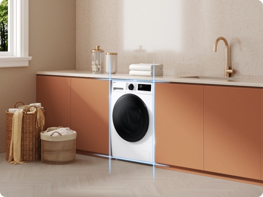 The reduced depth of the washing machine makes it fit perfectly into the cabinet. With a 9kg capacity and 480mm depth, this washing machine can wash several clothes at once.