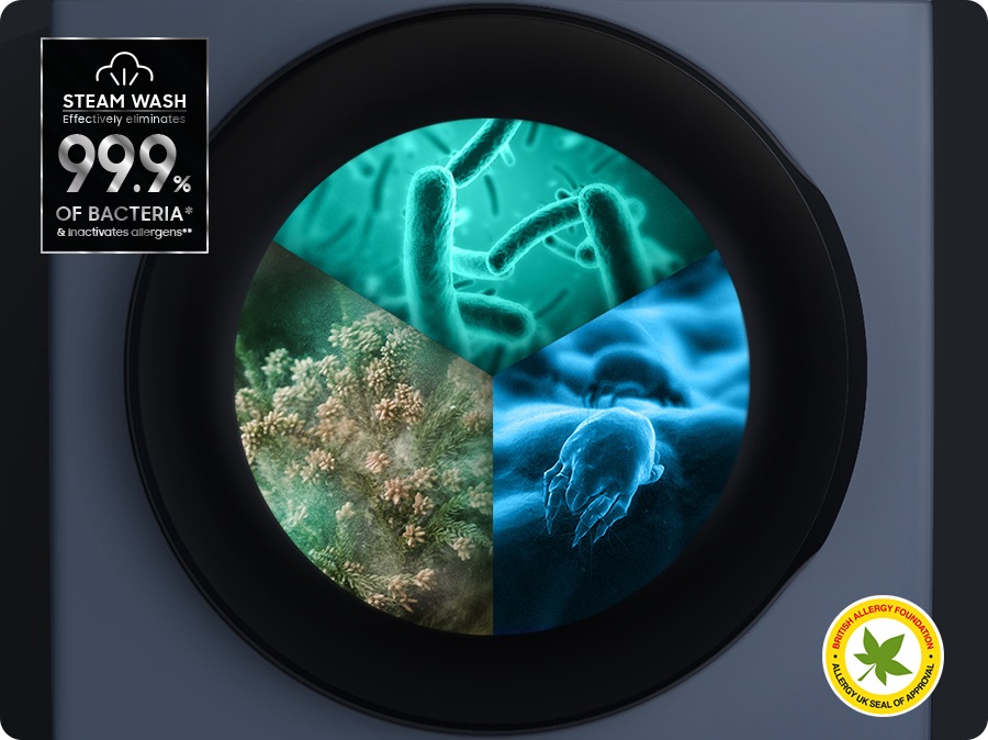 Steam is dispersed inside the washing machine door to remove allergens and bacteria. Steam Wash effectively eliminates 99.9% of bacteria* & inactivates allergens**. Steam wash certified by BRITISH ALLERGY FOUNDATION and ALLERGY UK SEAL OF APPROVAL is shown in right bottom.
