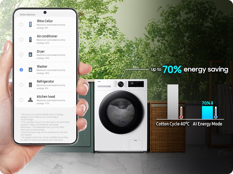 AI ​​Energy Mode is activated by checking the mode button to 'On' and selecting the device you want to run on Smartphone. It does energy saving up to 70% more than the cotton cycle 40 degrees. 