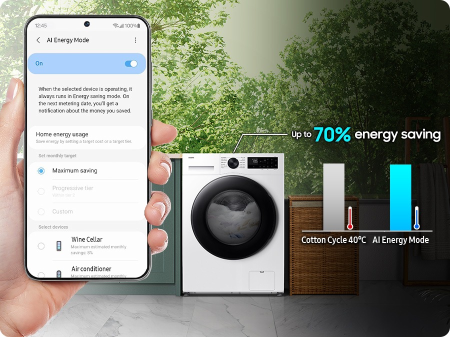 AI ​​Energy Mode is activated by checking the mode button to 'On' and selecting the device you want to run on Smartphone. It does energy saving up to 70% more than the cotton cycle 40 degrees.