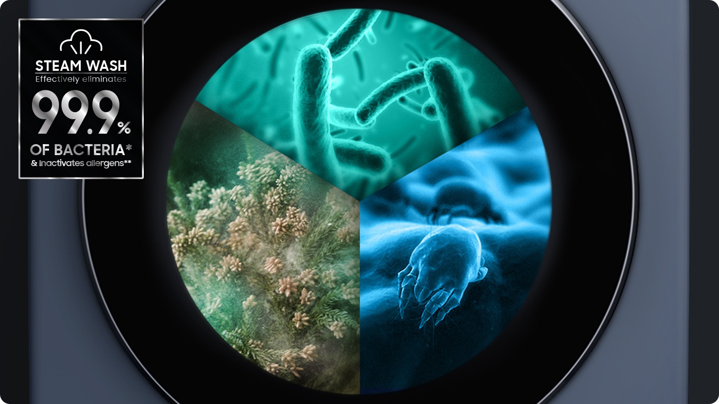 Steam is dispersed inside the washing machine door to remove allergens and bacteria. Steam Wash effectively eliminates 99.9% of bacteria* & inactivates allergens**.