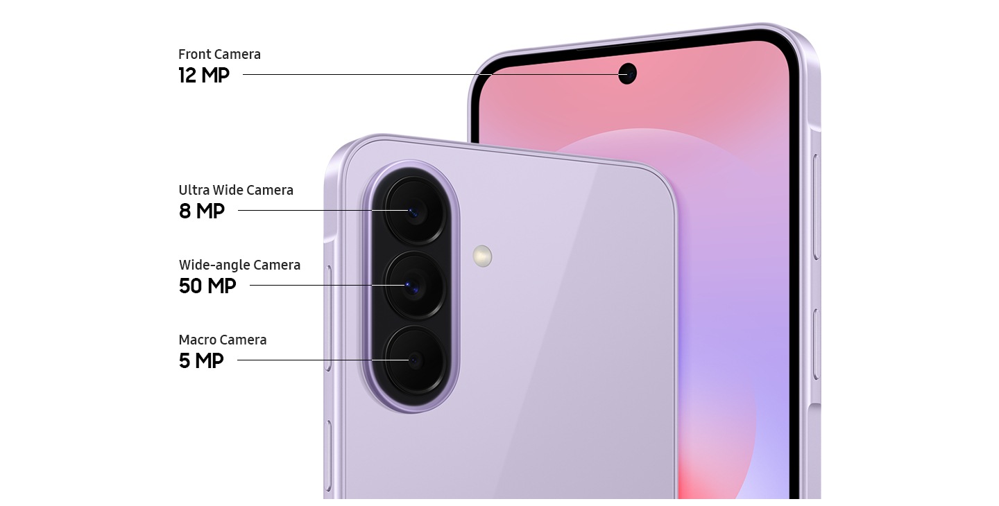 Близък план на тройната камера система на гърба на Galaxy A37 5G в цвят светлолилаво и близък план на предната камера. Galaxy A37 5G е оборудван с 50 MP широкоъгълна камера, 8 MP ултраширокоъгълна камера и 5 MP макро камера на гърба, както и 12 MP предна камера.